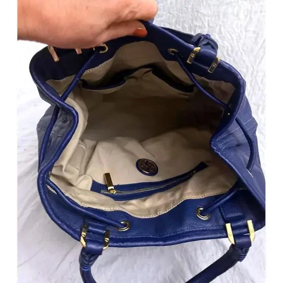 Tory Burch large blue leather bucket purse with gold accents - Picture 8 of 12